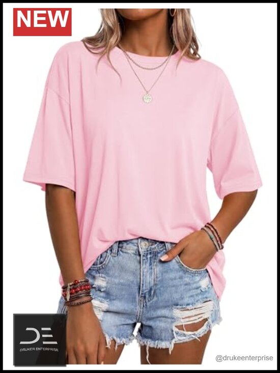 Tops - Oversized Tshirt Short Sleeve Crewneck Loose Fit Basic Tee Cotton Blend Plus